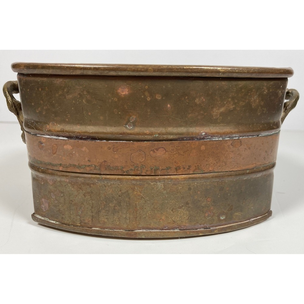 Vintage Oval Copper and Brass Planter with Handles Rustic Patina Farmhouse Decor